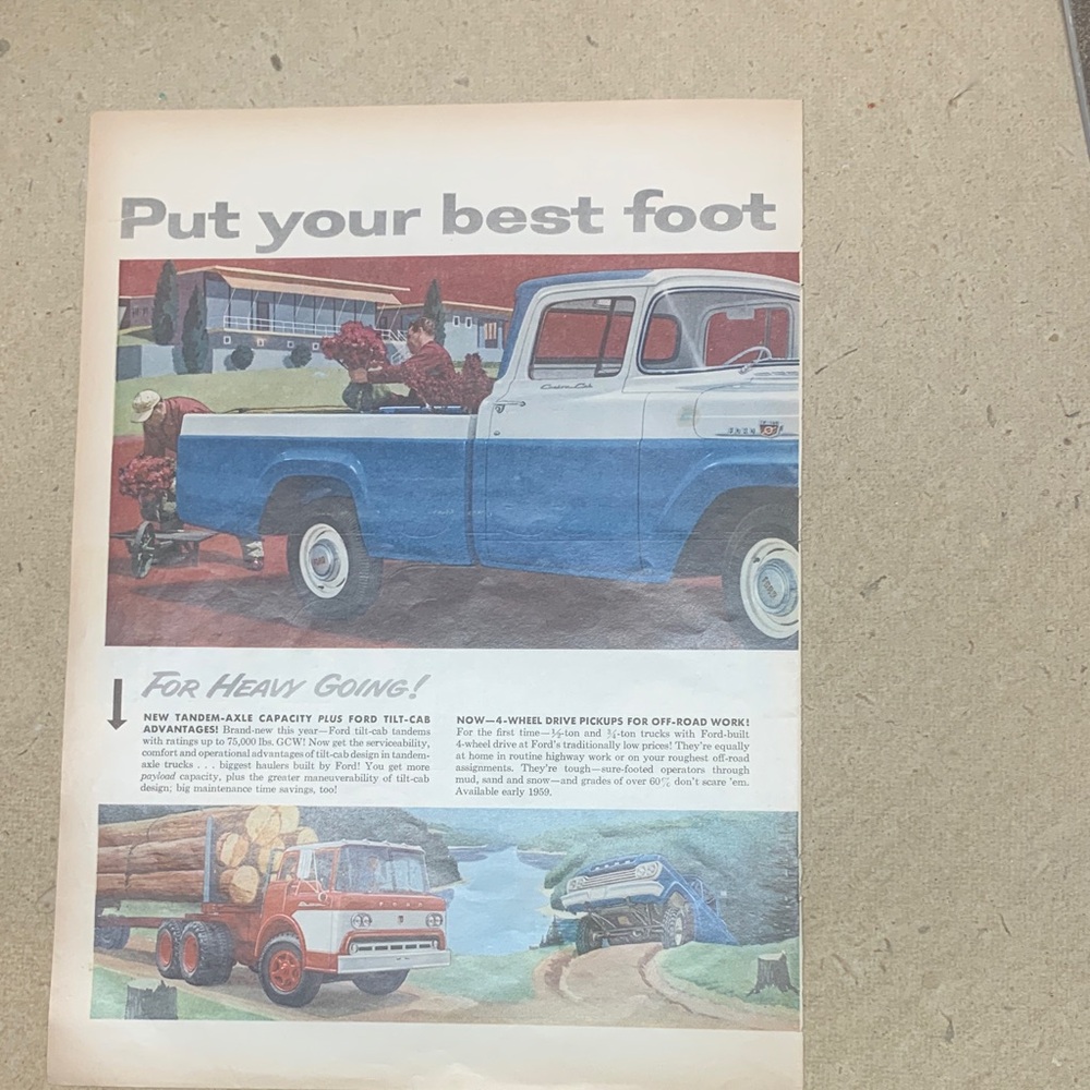Vintage Life Magazine November 17, 1958 2 page Ad Ford Blue & White Truck